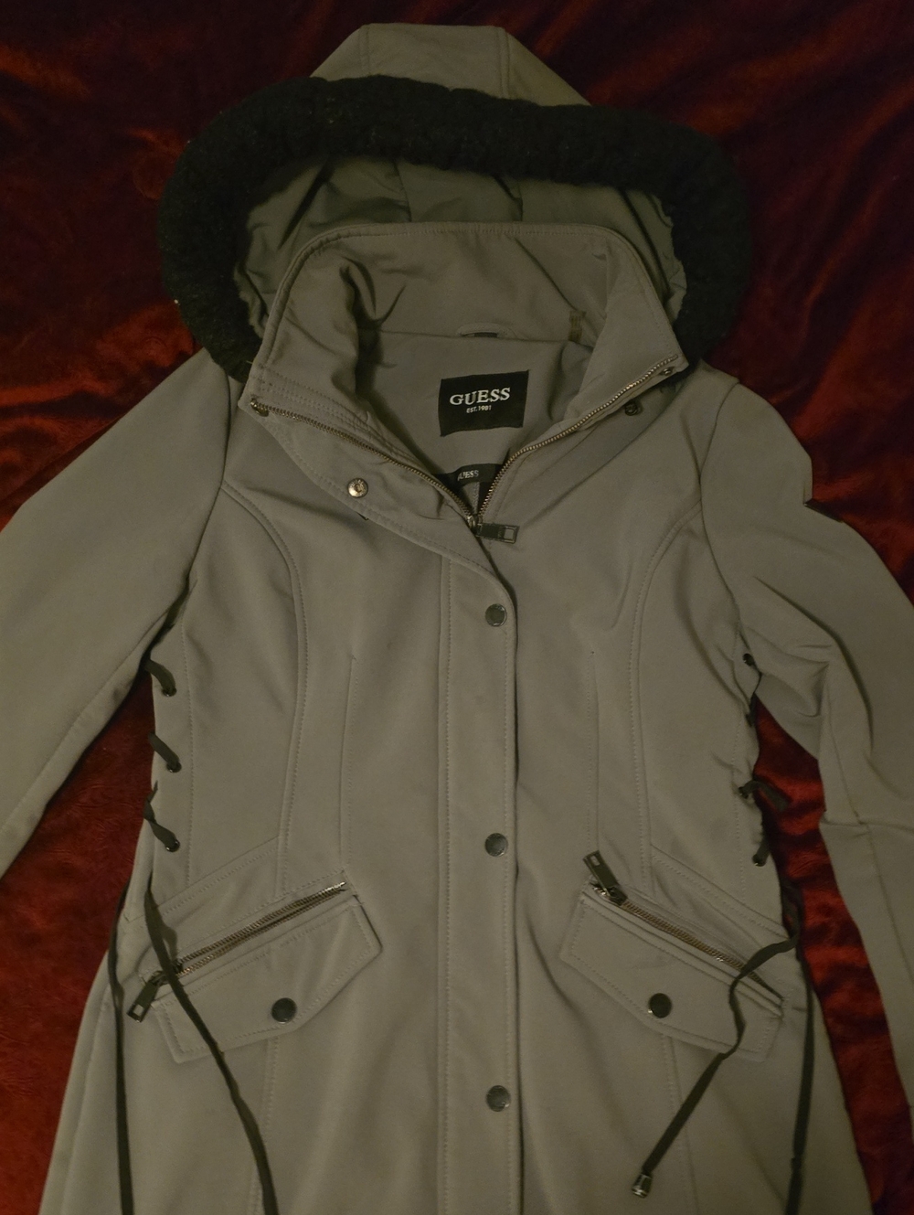 GUESS Light Gray Hooded Trench Coat with Faux Fur Trim